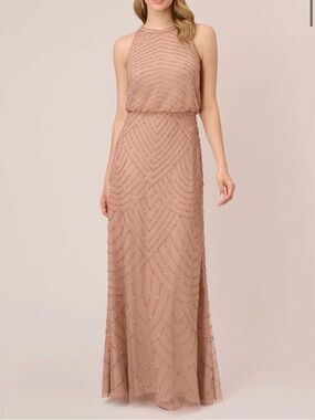 Art Deco Beaded Blouson Dress With Halter Neckline In Rose Gold | Bridesmaid